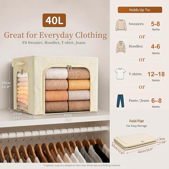 GoMaihe Clothes Storage Bins with Metal Frame for Closet, 40L 3-Pack Beige | Sweaters Hoodies Towel T-Shirt, Closet Top Shelf Linen Closet Organizer, 3 Side Access Clear Window Collapse-Proof, Stackable