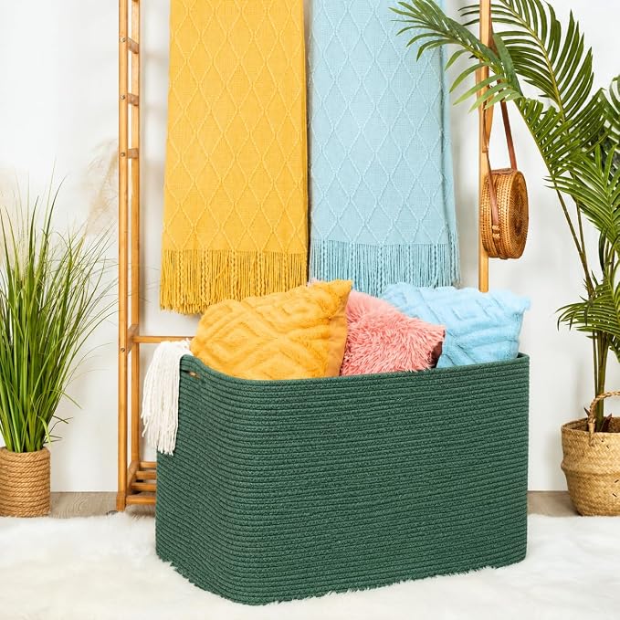 112L Extra Large Blanket Basket Holder Living Room, 25"x17"x16" Rectangle Rope Woven Storage Basket with Handles for Laundry, Towels, Shoes, Dog Toy Organizer Bin Box, Green