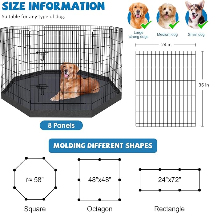 Artmalle Dog Playpen 36" H, 8 Panel 24" W Pen with Door & 600D Oxford Pad | 8*24"x 36"H rustproof metal panels with door and durable 600D Oxford Octagonal bottom pad for indoor, outdoor and RV use.