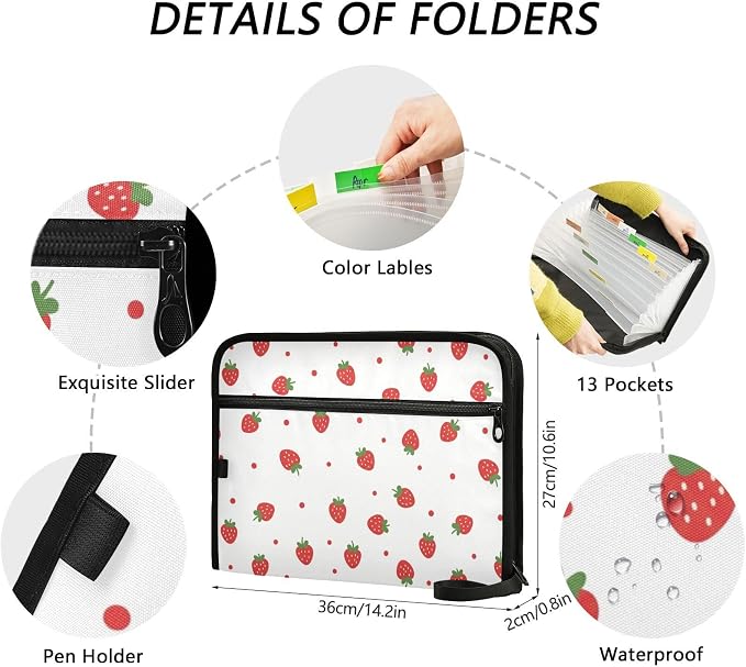 13 Pocket Zipper Expanding File Folder A4 Strawberry Fruit | Accordion File Organizer with Front Pouch A4 Letter Size Portable Folders for Documents Receipt School Office Supplies