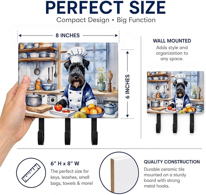 Caroline's Treasures Kerry Blue Terrier The Chef Leash or Key Holder Wall Hooks, Key Hooks Holder, Coat Rack Wall Mount, Coat Hooks, Hooks for Hanging Keys, Towels, Aprons, Leashes | Kerry Blue Terrier The Chef artwork on ceramic tile with three steel ...