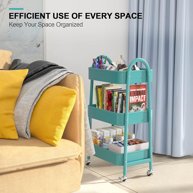 3 Tier Utility Rolling Cart, Metal Storage Cart with Handle and Lockable Wheels, Multifunctional Storage Organizer Trolley with Mesh Baskets for Kitchen, Living Room, Office, Garage (Turquoise)
