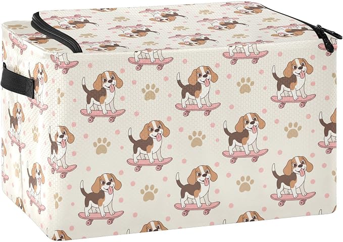 Cute Pets Dog Beige pattern Under Bed Storage Containers with Double Zipper Openings, Foldable Clothes Storage Bins with Clear Window and Handles for Bedding Comforters Blankets