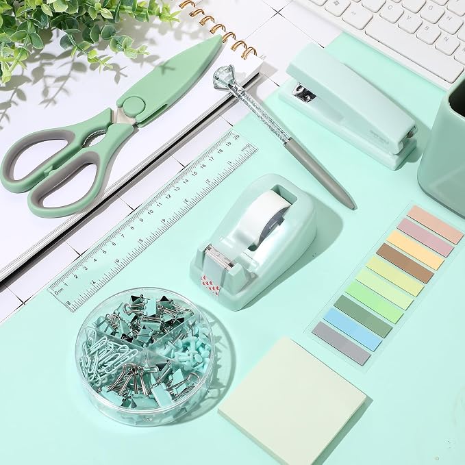 Marspark 12 Pcs Sage Green Desk Accessory Set Office Supplies Kit | Stapler Tape Dispenser Pen, Scissors Ruler Staple Remover Clips Sticky Notes, Sage Green Desk Supplies, Stationery Kit