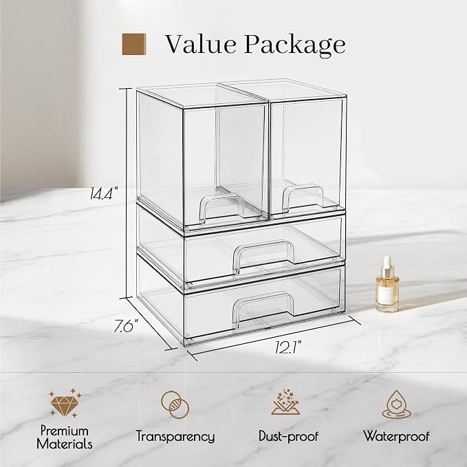 Clear Stackable Storage Drawers, Baby Bottle Organizer, Easily-Access Makeup Organizer, Durable Containers for Bathroom Countertop, Cabinet, Pantry and Medicine Organization