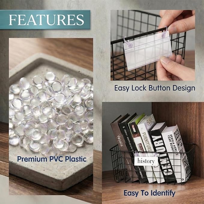 ELEMGULY Basket Label Holders, 20PCS Plastic Basket Label Clips with Easy Button Lock Design, Wire Shelf Label Holder Wire Rack Display Holder Price Sign for Home Market (20pcs Label Paper Included)