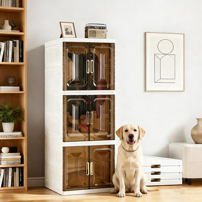 Plastic Folding Storage Box Units, Pet Collapsible Clothes Organizers,White, Collapsible Wardrobe with Visualization Doors, Rolling Wheels