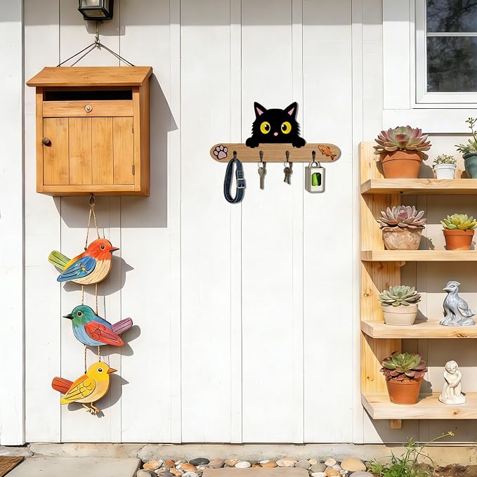 3D DIY Wood Dog Leash Holder Wall Decoration, Cute Cat Design Wall Mount Hanger Organizer with 4 Hooks for Hallway, Door, RV, Apartment, Keys, Bags, Harness, Collars, Clothes, Home Improvement