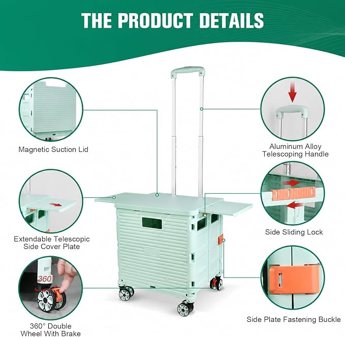FELICON SELORSS Folding Utility Cart Portable Rolling Crate Handcart-Green | Magnetic Sliding Lid,Telescoping Handle,Plastic Box Dolly,360°Swivel Wheels for Travel Shop Move Laundry Office Teacher Use