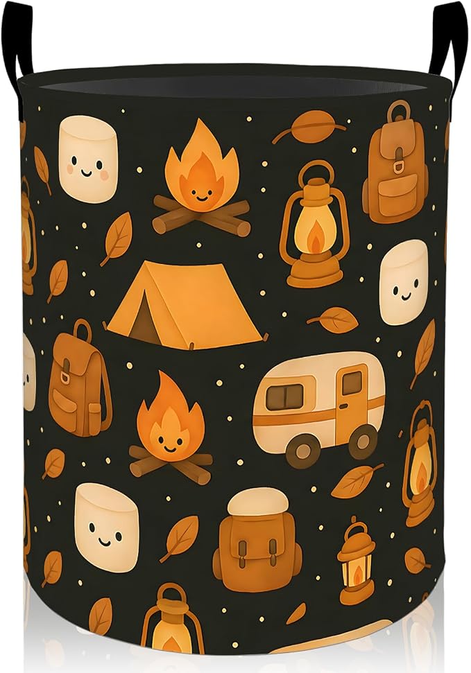 Camping Laundry Basket, Cute Campfire Foldable Oxford Cloth, Waterproof Dirty Clothes Hamper with Handles, Clothing Storage Bin Toy Organizer for Bedroom Dorm Bathroom, 19.7"x15.7"