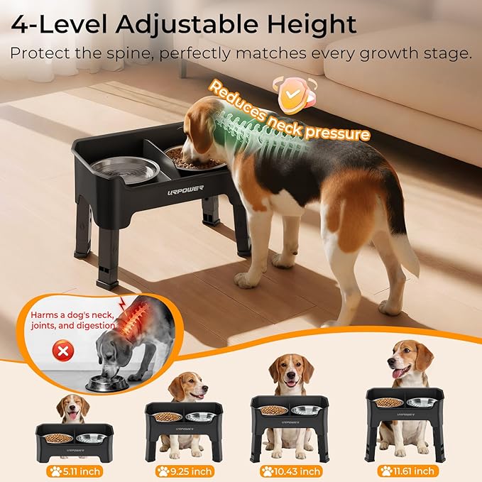 URPOWER Mess Proof Elevated Dog Bowls, High Wall Splash Guard Design, 4 Height Adjustable Raised Bowl Stand, 2 Stainless Steel Bowls, Non-Slip Food Water Set for Small, Medium Dogs