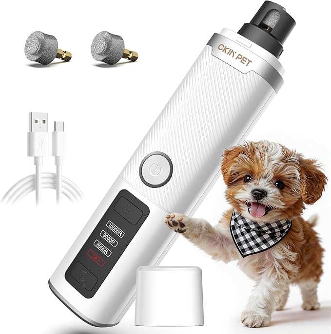 Dog Nail Grinder, Quiet Electric Dog Nail Trimmer with 2 LED Lights, 3-Speed Pet Nail Grinder for Dogs & Cats, Rechargeable 2000mAh Nail Grinder for Small Medium Large Dogs with Light, White
