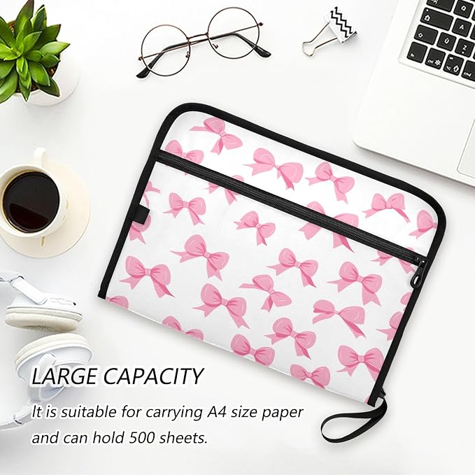 Pink Bow White Background Pattern 13 Pocket File Organizer Expanding File Folder with Front Pouch Portable Business File Storage Document Organizer Folder with Zipper