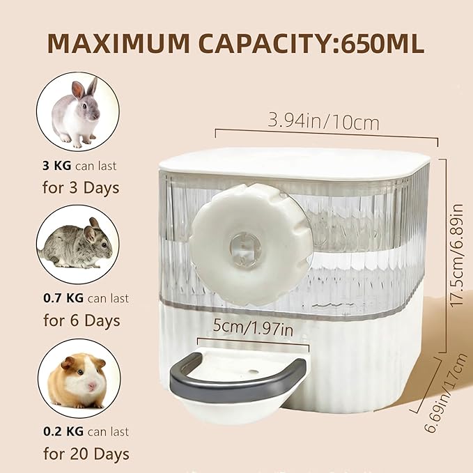 No Drip Hanging Automatic Rabbit Water Dispenser 650ml, Top Refill Pet Water Bowl Bottle BPA Free for Rabbits, Bunny Guinea Pig Ferret,Squirrel,Hamster,Puppy Kitten, Other Small Animals