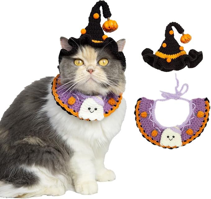 Cat Costume - Cute Ghost Bib & Pumpkin Hat for Cats and Small Sized Dogs, Festive Pet Apparel, Adjustable and Breathable Dog Witch Costume
