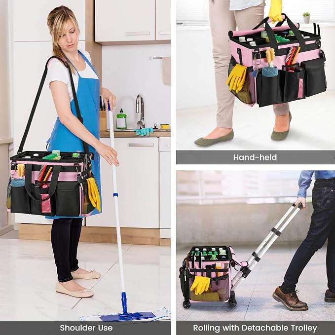 Housolution Extra Large Rolling Cleaning Caddy Bag with Wheels, Pink | Upgrade 360° Free Rotating, Detachable Trolley & Dust-Proof Lid, High load Bearing & Waterproof