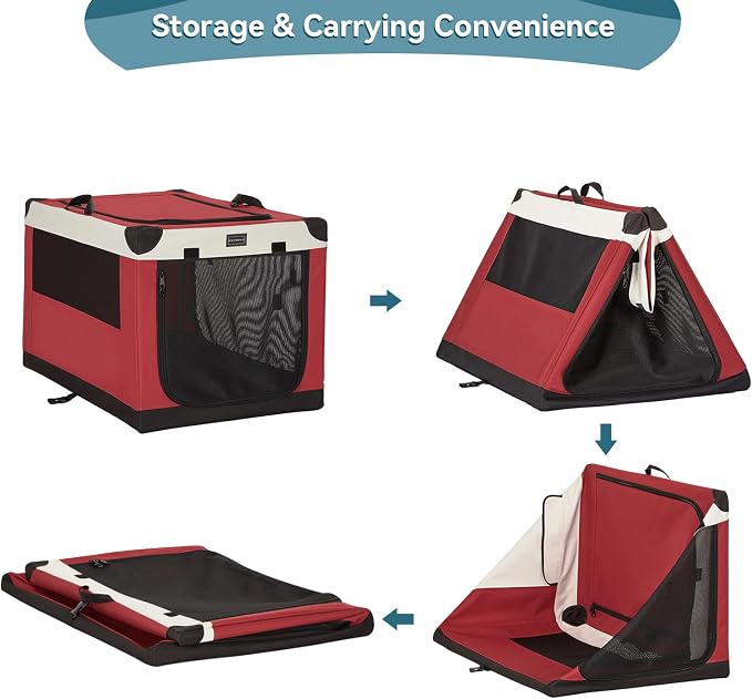PETSFIT 26" Soft Portable Dog Crate – Patented Spiral Sturdy Frame, Collapsible Travel Kennel for Small Dogs, 3 Mesh Door, Lockable Zippers, Indoor & Car Use Red