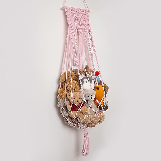Amdermi Stuffed Animal Net or Hammock Corner or Wall Hanging Net for Plush Toy Storage Boho Macrame Toy Display Nursery Bedroom Decor Stuffy Animal Toy Organizer (Pink)