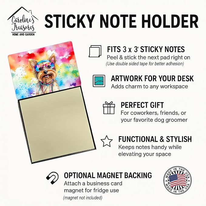 Caroline's Treasures Yorkshire Terrier Hippie Dawg Sticky Note Holder Refillable Dispenser Self-Sticky Note Pads, Memo Pads Blank Desk Accessories