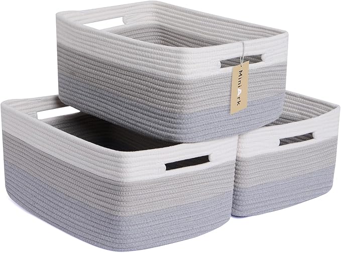 MiniArk Large Storage Baskets for Shelves, 17 x 13 x 7.5” Closet Organizers Bins for Clothes Blanket Towels, Baby Nursery, Toy Baskets Box, Woven Rope Baskets, 3 Packs Gradient Grey