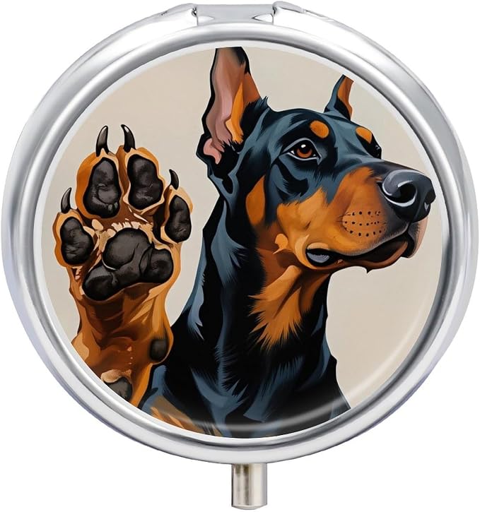 Doberman Paw Art Dog Metal Pill Organizer with Mirror, 3-Compartment Travel Pill Box, 2-Inch Round Pocket Medicine Case with Secure Latch, Portable Vitamin Holder for Women & Men