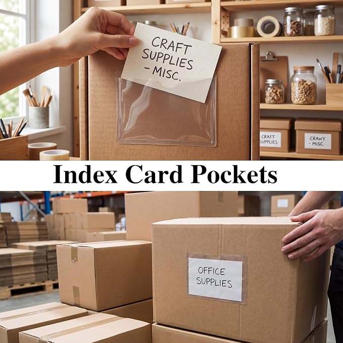 48 Pack Adhesive Index Card Holders, Clear PVC Pockets for 3 x 5 Cards | Top-Loading Clear Pvc Sleeves, Strong Adhesive, Fits Bins Shelves Totes, Protects Cards From Dust And Fingerprints