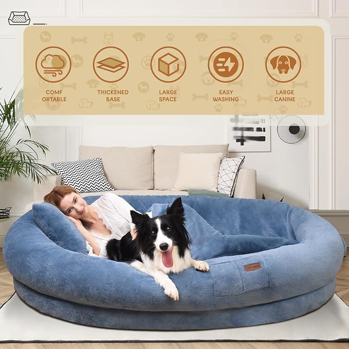 Fvkind Human Dog Bed, Adult Dog Bed for Humans, 70"x33"x12", Blue | Dog Bed for Humans, Human Size Dog Bed, Thick Orthopedic Foam, Soft Plush Faux Fur Cover, Blanket and Pillow Included