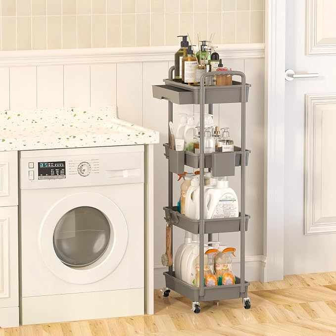 4 Tier Rolling Utility Cart with Drawer, Plastic Storage Organizer Rolling Carts with Wheels Handles Hanging Cups Hooks for Office, Bathroom, Kitchen,Craft Art Room (Grey)