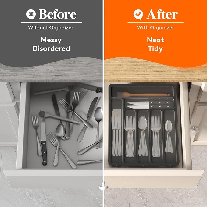 Lifewit Silverware Organizer with Lid, Covered Utensil Tray, 11.3x14.4 | Plastic Cutlery Storage Box for Kitchen Drawer and Countertop, Flatware Case Holder for Spoons Forks Knives, Black