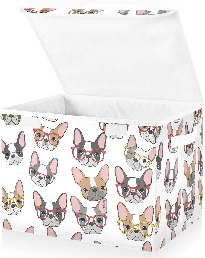 Dog Glasses Pattern Storage Bins with Lids Closet Bedroom 40L Fabric Bin | Decorative Storage Boxes, Foldable & Stackable, Dust-Proof Flip Top, Reinforced Handles, For Home & Dorm, Clothes & Toy Box