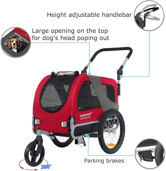 DOGGYHUT® Premium Medium Pet Bike Trailer & Stroller Up to 50 lbs (Red) | Bicycle Trailer for Small or Medium Dogs, Dog Bicycle Carrier, Low Center of Gravity, Folding Frame Cart