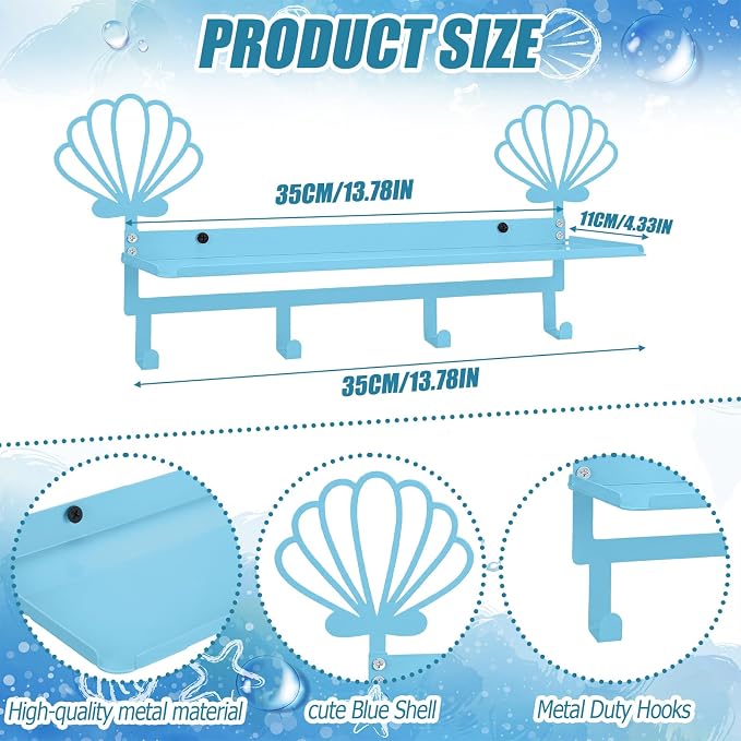 Blue Seashell Coat Rack Wall Mount with Shelf Metal Entryway Hanging Shelf with 4 Hooks Cute Beach Coastal Bedroom Accessories Decor for Dog Leash Pet Collar Keys Clothes Hats Towel Purse