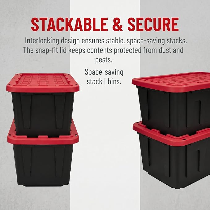 4-Pack 27Gal Stackable Storage Bins Locking Lids Heavy-Duty Dustproof | rust/dent/stain-proof,padlock-ready,anti-topple,easy-clean,eco-friendly