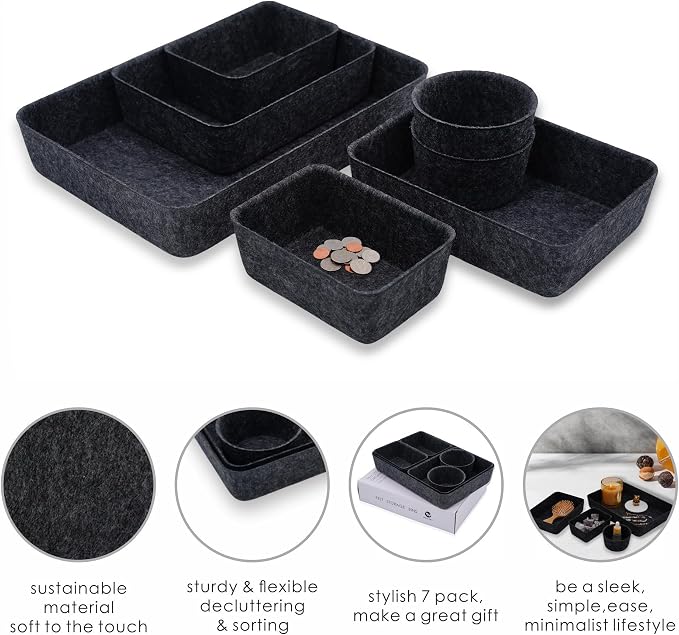 Welaxy Felt Drawer Organizer Bins 7-Piece Carbon Desk Storage Trays
