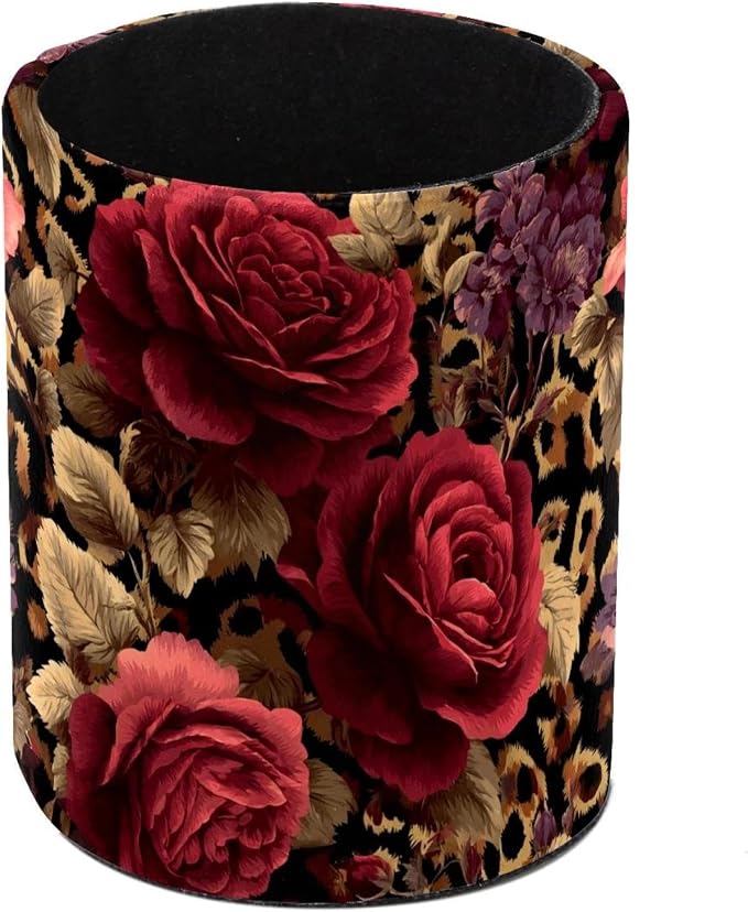 Faux Leather Pen Holder for Desk, Pencil Organizer Leopard Print and Roses Pen Cup Desk Decor Makeup Brush Holder Storage for Office Home