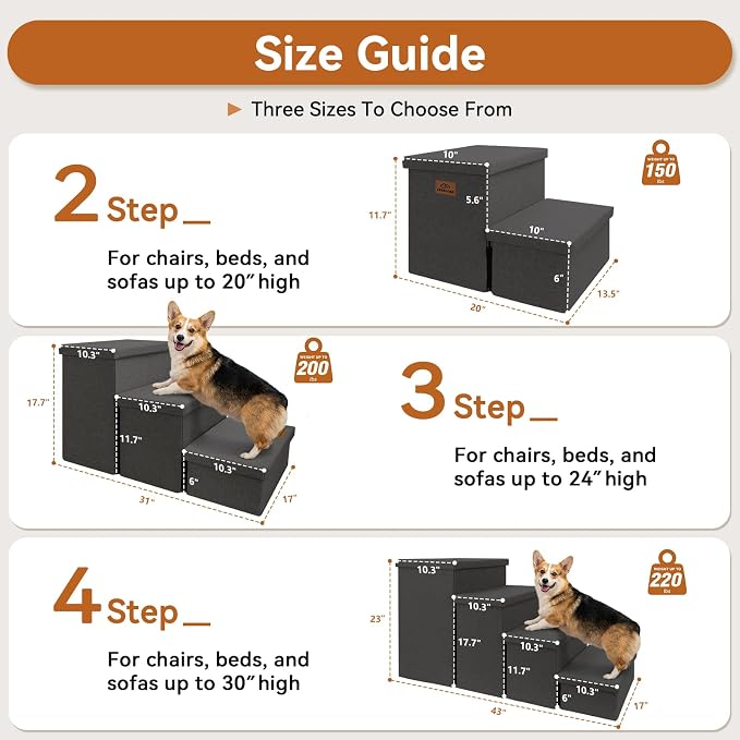 Zerbuger Dog Stairs with Storage, Dark Grey 4 Steps Dog Ramp no Condo | 23" H Wider Dog Steps for High Beds Couch, Folding Storage Pet Stairs Gift for Climbing Small/Medium/Large Old Dogs Cats