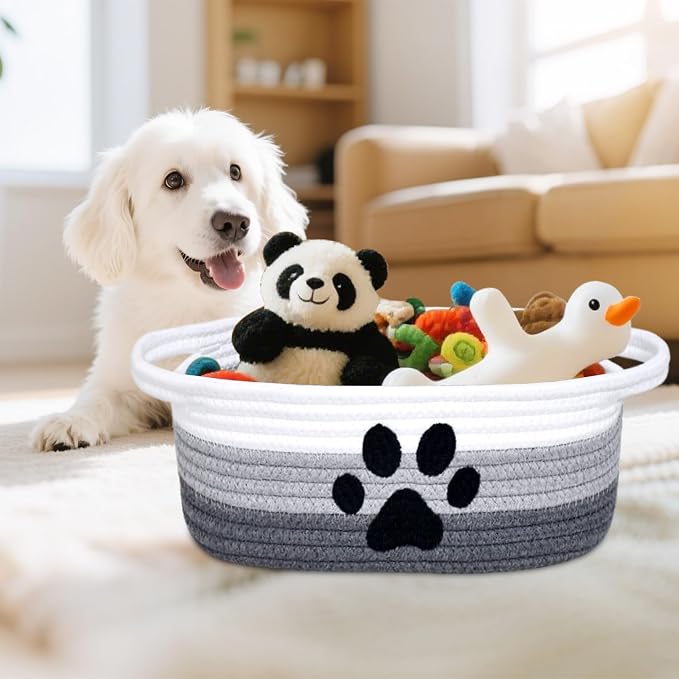 ABenkle Small Woven Basket with Handle, Cute Dog Paw Baskets for Gifts Empty, Decorative Rope Woven Storage Dog Toy Basket, Nursery Baskets for Baby Shower, 12" x 8" x 5"