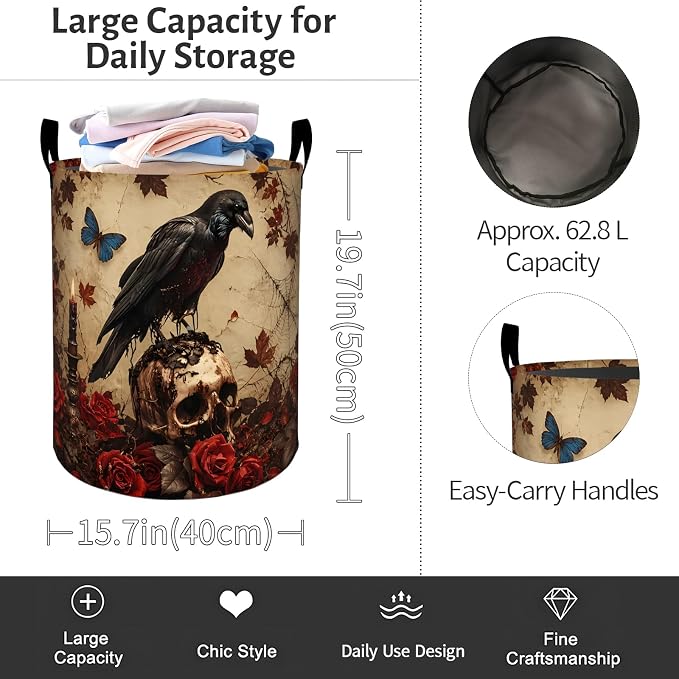 Gothic Raven Laundry Basket, Skull Rose Print Foldable Oxford Cloth, Waterproof Dirty Clothes Hamper with Handles, Clothing Storage Bin Toy Organizer for Bedroom Dorm Bathroom, 19.7"x15.7"