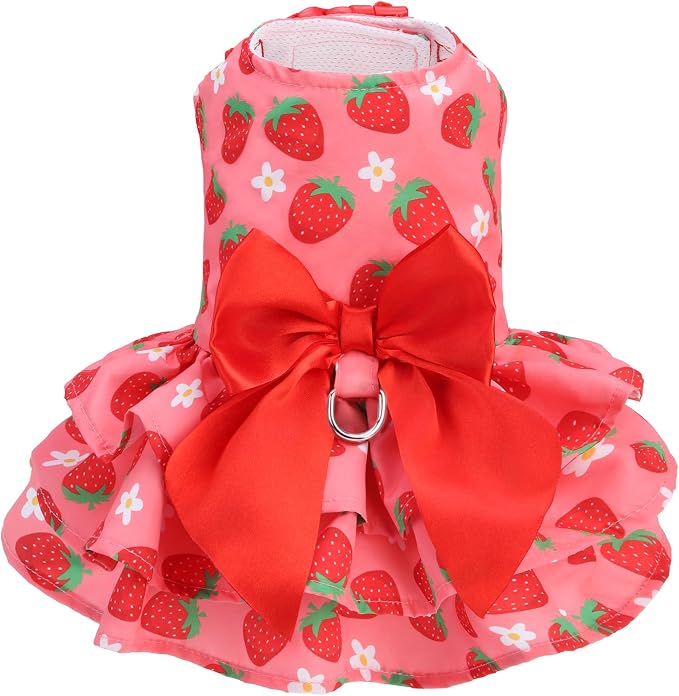 PUPTECK Summer Dog Dress with Bow and Leash Ring, Pink Strawberry M | Cute Adorable Breathable Mesh Dog Clothes for Small Medium Dogs Puppy Cats, Pet Outfit Apparel for Birthday Party