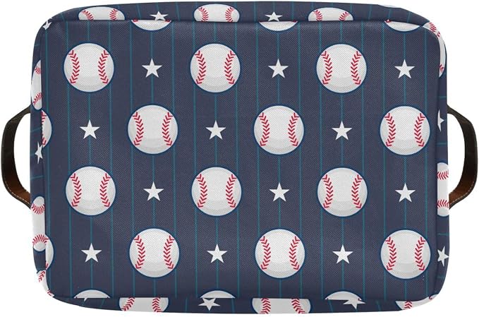 Rectangular Storage Bin Baseball Blue Print Storage Baskets with Handles Toy Bins Shelf Basket for Nursery Room Kids Toy Pets Closet