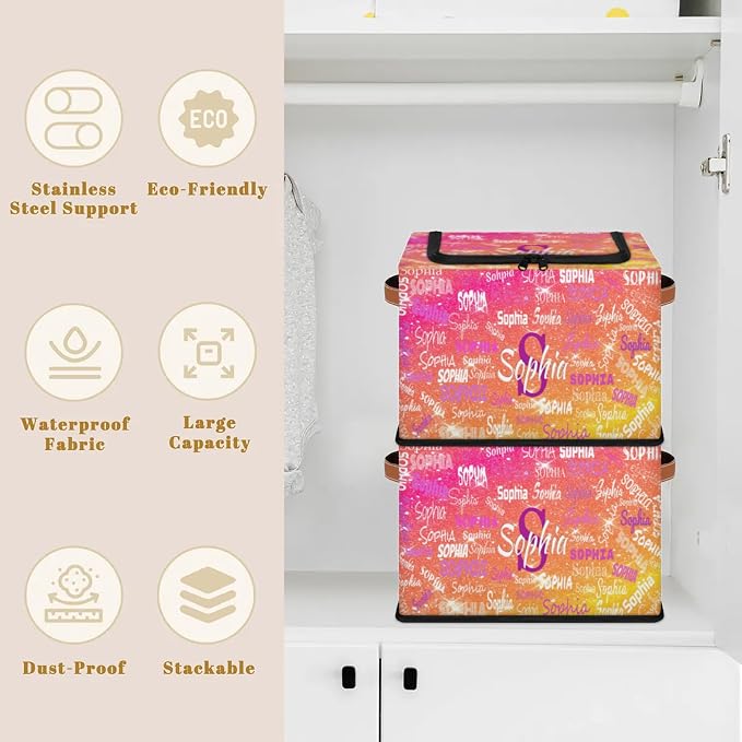 Personalized Foldable Storage Basket with Name, Zipper Lid Laundry Hamper Dirty Clothes Pet Toys Storage Bin for Shelf Home Closet Kitchen, Gradient Red Orange Yellow Glittering Galaxy