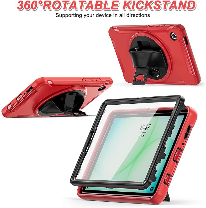 for Samsung Galaxy Tab A11 (2025) 8.7 inch Case 5G with Screen Protector, Hand Strap, Pen Holder & 360° Rotating Stand,Shockproof Protective Cover for SM-X130/X133/X135 (Red)