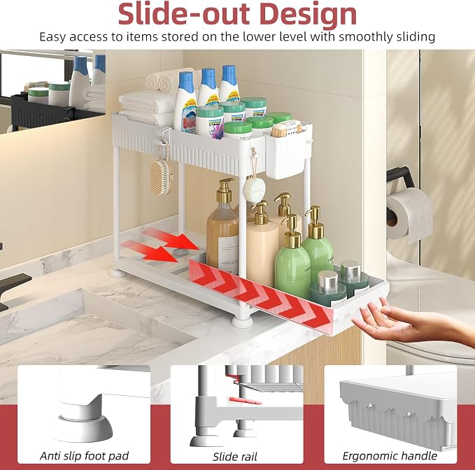 4-Pack 2-Tier Under Sink Organizer with Pull Out Drawers | Multi-use kitchen & bathroom storage. Includes hanging hooks and cups. White, space-saving cabinet design. 14.8 Inch