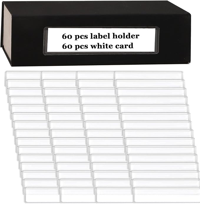 Adhesive Shelf Tag Label Holders Clear, Label for Storage Bins, 60pcs | Clear Drawers Label with Index, Card Pockets for File, Cabinet, Supermarket, Bookshelf, Mailbox, Kitchen, 1x4.1'