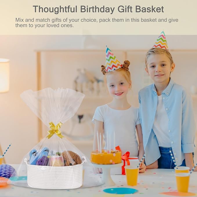 Small Empty Gift Basket with Bag & Ribbons, White | 12“x8”x5”, Cotton Rope Woven Basket for Birthdays, Baby Showers, Mother's Day, Christmas; Stores Small Items, Kids & Pet Toys