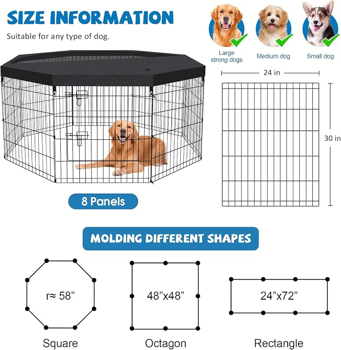 Peekaboo Dog Playpen 30 Inch, 8 Panel Metal Pet Fence with Top Cover | 30 Inch 8 Panel Foldable Rustproof Metal Dog Playpen with Octagonal Top Cover, GRS Certified Recycled Material