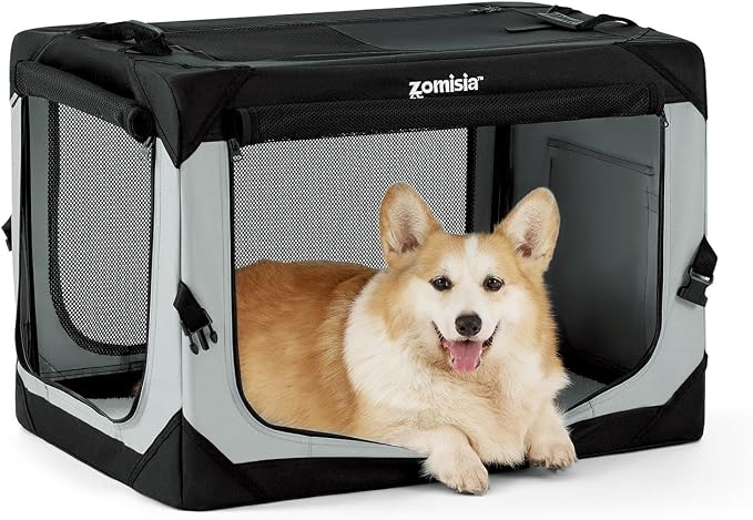 ZOMISIA Collapsible Dog Travel Crate for Medium Dogs, Portable Dog Crate | 30 Inch Dog Kennel Soft Sided, Easy Fold & Setup, Indoor & Outdoor, Breathable Mesh Windows, Built-in Leash, Plush Pad, Grey
