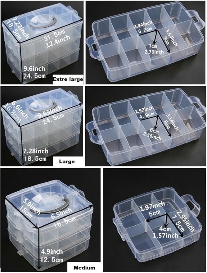 Kamay's Large 3 Tier Stackable Adjustable Compartment Slot Bead Craft Jewellery Tool Storage Organiser,Snap-lock Tray Container with 30 Compartments Blue
