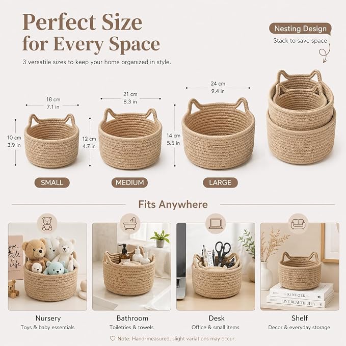 Small Woven Baskets | Mini Storage Bins | Cotton Rope Baby Nursery Organizers | Cute Round Cat Ears Basket for Organizing Desk Decor Kids Toy Dog Cat Baby Girls Gifts-Set of 3(Beige)