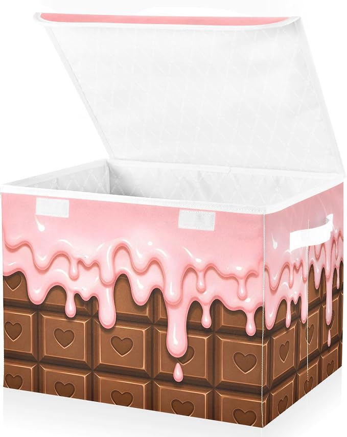 Fabric Storage Bins with Lid Chocolate Love Closet Storage Basket 40L | Decorative Storage Boxes, Foldable & Stackable, Dust-Proof Flip Top, Reinforced Handles, For Home & Dorm, Clothes & Toy Box